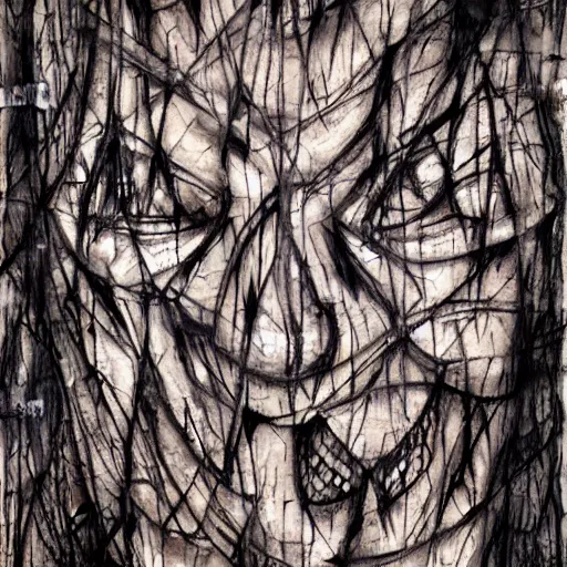 Image similar to multiple faces shredded like paper masks screaming, dark horror, surreal, drawing, painting,
