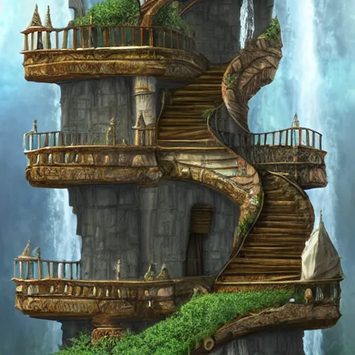 Prompt: wizard tower surrounded by a spiral staircase. Tower standing at the edge of a waterfall. Detailed gorgeous digital art, trending on artstation