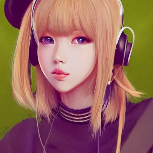 Image similar to realistic beautiful gorgeous natural cute Blackpink Lalisa Manoban blonde hair cute fur blonde cat ears, wearing summer outfit, wearing headphones, wearing black leather choker artwork drawn full HD 4K highest quality in artstyle by professional artists WLOP, Taejune Kim, Guweiz on Artstation Pixiv