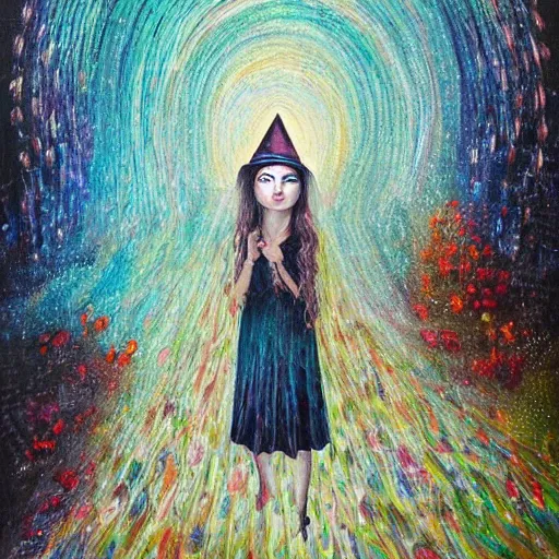 Image similar to dreamy vision of witch walking through heavy rain, epic, cosmic, intricate details, oil on canvas