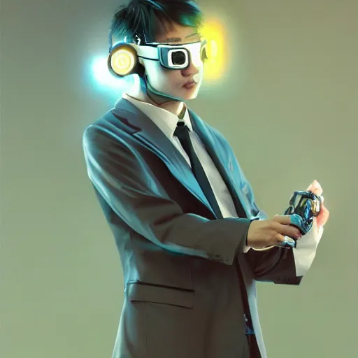 Prompt: Japanese man in a business suit with futuristic cyberpunk VR goggles implanted into his face, by Stanley Artgerm Lau, WLOP, Rossdraws, James Jean, Andrei Riabovitchev, Marc Simonetti, Yoshitaka Amano, digital art, masterwork, cgstudio, trending on ArtStation,