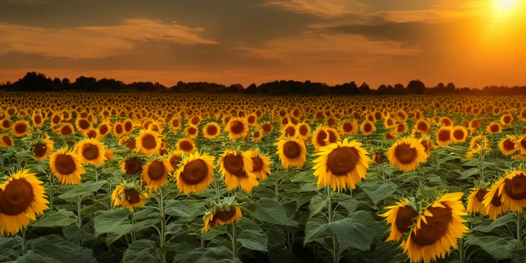 Prompt: a beautiful landscape photo of sunflowers looking at the sun, cinematic atmospheric golden hour