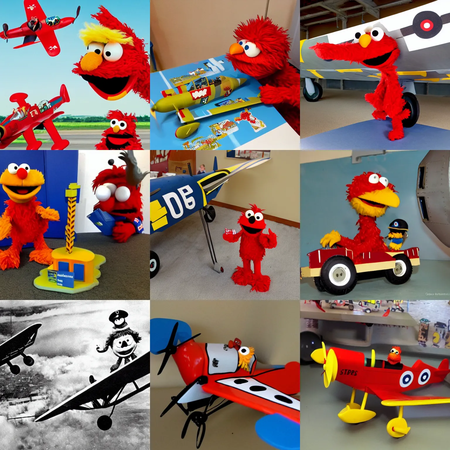 Prompt: Sesame Streets Elmo piloting a World War 2 Spitfire plane