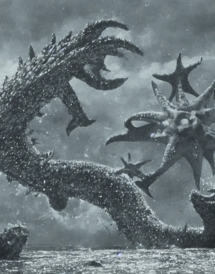 Image similar to a filmstill of a north korean monster movie, kaiju - eiga monster starfish - like trampling a traditional korean palace, foggy, film noir, epic battle, etheral, explosions, communist propaganda, communist epic thriller, by akira kurosawa and wes anderson video compression