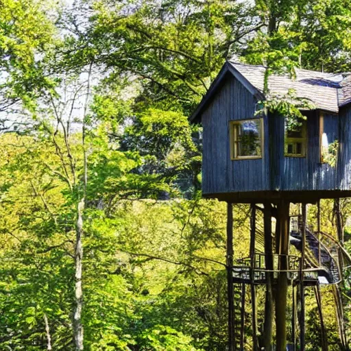 Prompt: treehouse in the countryside on a sunny day, peaceful, brush strokes