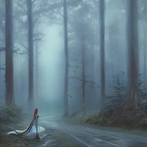 Prompt: taylor swift, long hair with bangs, Crystal blue eyes, full-shot, full pov, beautiful fog lit forest in backround, oil colors, elegant, sharp focus, beautiful face, Hyper-realistic, Highly Detailed, HD, Dramatic Lighting by Brom, by beeple, studio ghibli, wallpaper, highly detailed, trending on artstation