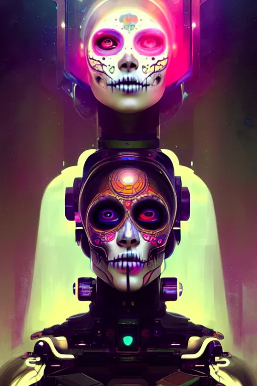 Image similar to ultra detailed, portrait of a female android, sci - fi, triadic color scheme, moody, calm, ( dia de los muertos ), asymmetrical, intricate concept art, art by godmachine and michael welan and dzo and greg rutkowski and alphonse mucha and loish and wlop