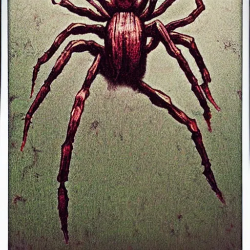 Prompt: horrific grotesque spider in the dark woods, high detailed realistic beksinski style photograph, shot on polaroid