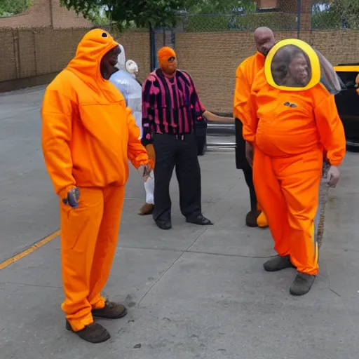 Image similar to inmate with orange suit and wearing a bee head