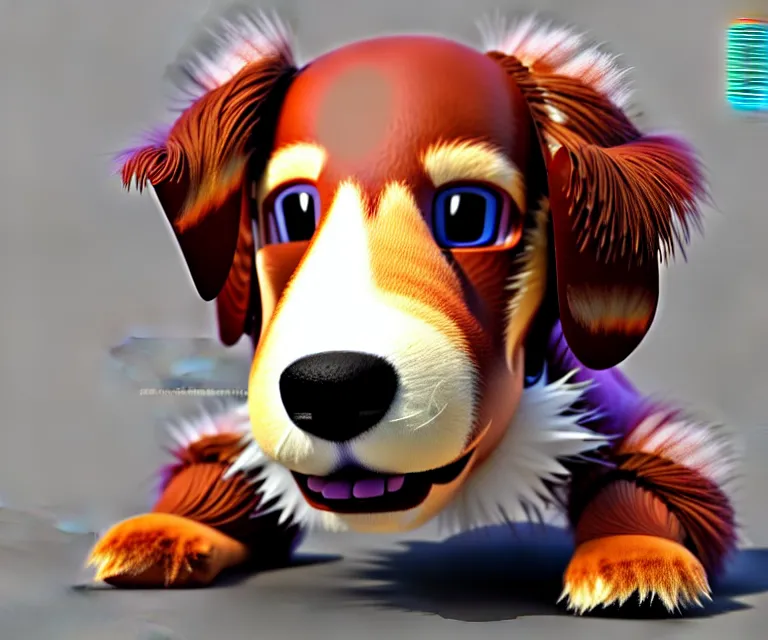 Prompt: high quality 3 d render hyperrealist very cute fluffy dachshund - pokemon, plush mascot, long spiky fluffy smooth hair, photo from the side, multi pastel colors, vray, smooth background, artstation, ultra detailed