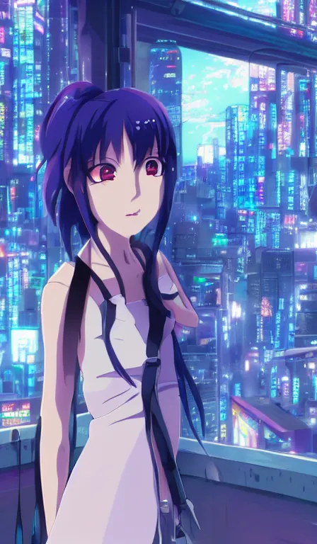 Image similar to anime fine details portrait of Mizore Shirayuki in front of cyberpunk modern city landscape on the background deep bokeh, close-up view, anime masterpiece by Studio Ghibli, 8k, sharp high quality anime, artstation