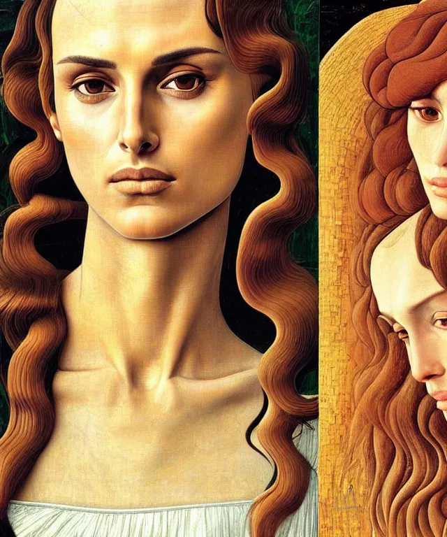 Image similar to Nathalie portman portrait by Sandro Botticelli and Moebius, 3/4 view, amber eyes, beautiful face, appealing long hair, fantasy, intricate, elegant, highly detailed, smooth, sharp focus, oil painted illustration by Sandro Botticelli and Moebius