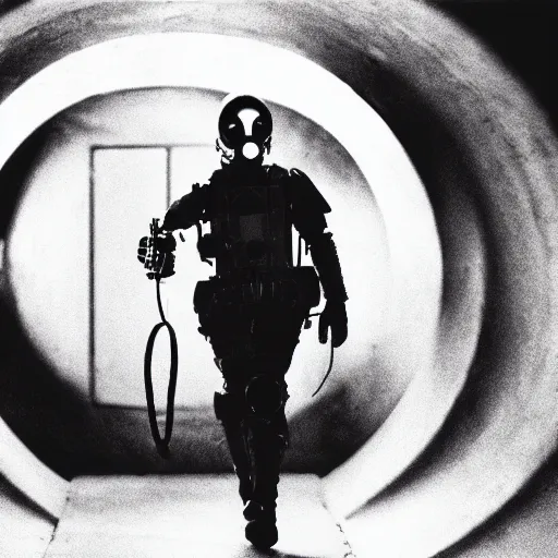 Image similar to a heavily armored man wearing a gasmask, walking through dark tunnel, holding glowing lantern, film still, arriflex 3 5