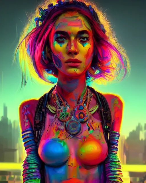 Prompt: colorful character portrait of a female hippie, set in the future 2 1 5 0 | highly detailed face | very intricate | symmetrical | professional model | cinematic lighting | award - winning | painted by mandy jurgens | pan futurism, dystopian, bold colors, cyberpunk, groovy vibe, anime aesthestic | featured on artstation