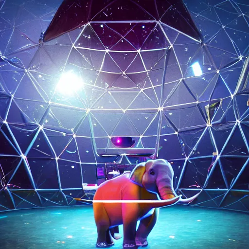 Image similar to a hyperrealistic 3D octane render of an elephant wearing virtual reality goggles playing a synthesizer inside of a geodesic dome planetarium with planets and galaxies, trending on artstation, 8k, 4K, dramatic lighting, glowing, volumetric lighting, ray tracing, unreal engine