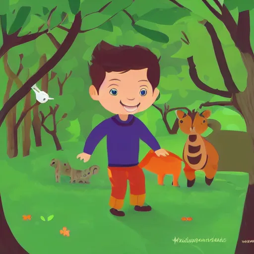 Image similar to a beautiful illustration of a little cute boy smiling in a forest and different animals circle around him, digital art