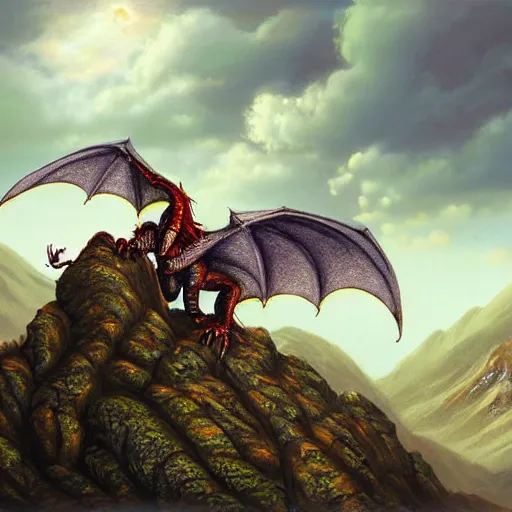 Prompt: Dragon perched on a mountain, matte painting by Anne Stokes
