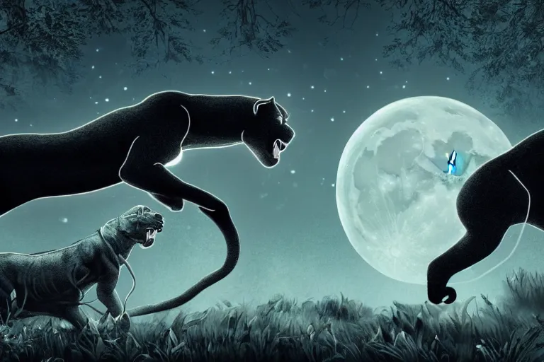 Prompt: a panther roaring at the moon in a forest during the night, large moon in the center. high quality. artistic. illustration. 4 k. cinematic. photoreal. highly detailed. dramatic. dark colors. night.