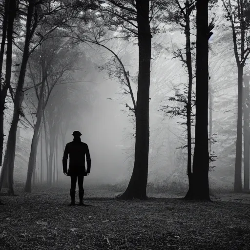 Image similar to an old photograph of a semi - transparent figure standing alone in a foggy forest, harsh lighting