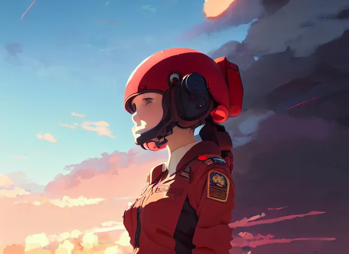 Image similar to portrait of pilot girl talking, red sky background, chaotic landscape, illustration concept art anime key visual trending pixiv fanbox by wlop and greg rutkowski and makoto shinkai and studio ghibli and kyoto animation, red body suit, military gear, red crow 1, grimdark