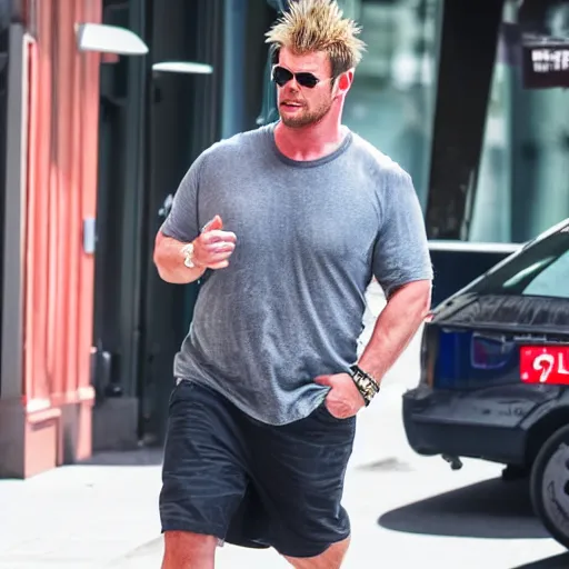 Image similar to Obese Chris Hemsworth spotted in the city, TMZ, Sony a7R IV, symmetric balance, polarizing filter, Photolab, Lightroom, 4K, Dolby Vision, Photography Award