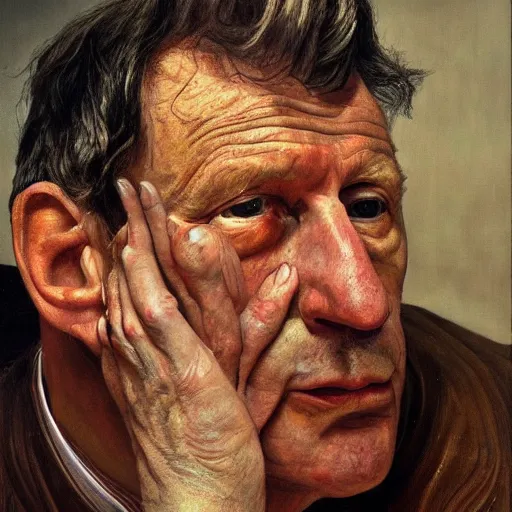 Image similar to high quality high detail painting by lucian freud, hd, portrait, dramatic lighting