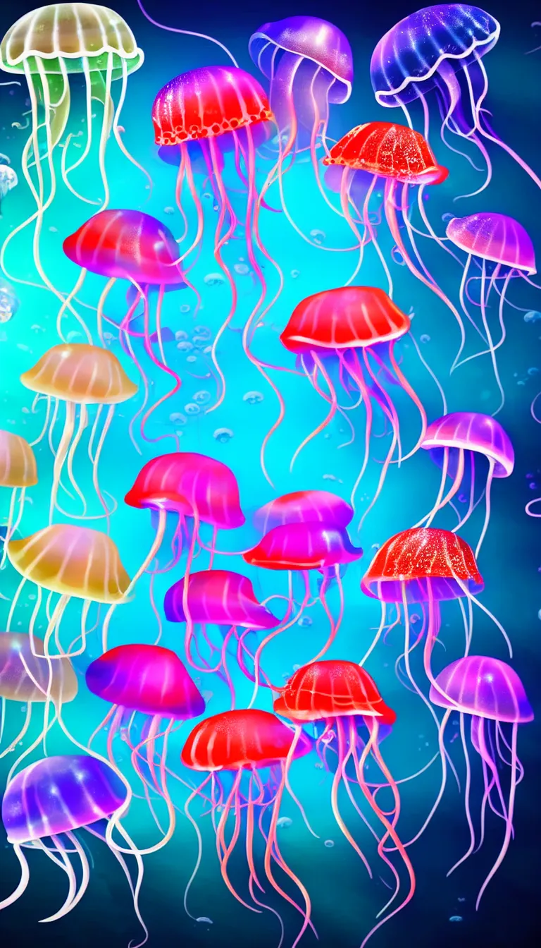 Prompt: highly detailed photo of five colorful jellyfish floating in dark under water sea, hyper realistic, concept art, 8 k detail post - processing