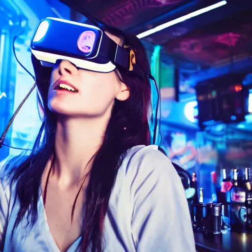 Image similar to a high quality portrait of a beautiful stunning pirate in a cyberpunk cyberpunk cyberpunk cafe wearing a VR visor realism 8k award winning photo