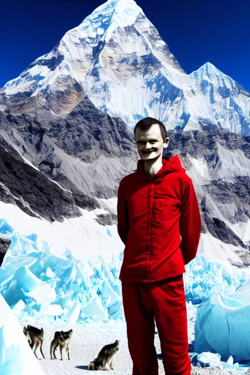 Prompt: vitalik buterin mountain climbing everest with wolves in pijamas