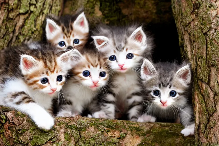 Prompt: kittens that are in a tree and the kittens are looking directly into the camera