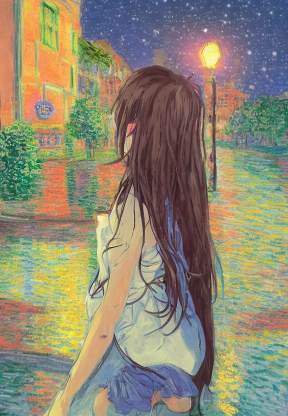 Image similar to wide angle portrait of a teenage girl, a thrifty outfit, very anime in impressionist style, city street view background, starlit night sky, trending artwork, illustrated in anime painter studio, by claude monet