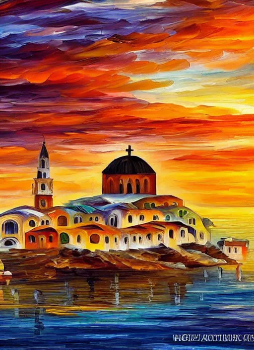Prompt: beautiful seaside greek village and church at sunset in the style of leonid afremov