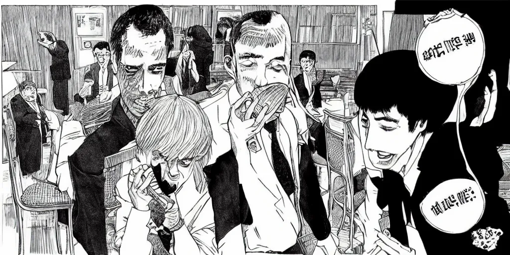 Image similar to “Joe and Hunter Biden eat all of the ice cream in the world” by Junji Ito