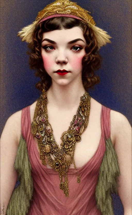 Prompt: portrait en buste flapper girl anya taylor-joy, beth harmon, thomasin, gina gray, casey cooke, traditional corsican, intricate, highly detailed, artstation, illustration, jurgens, rutkowski, bouguereau, mucha, roaring 20s, 1920s gaudy color