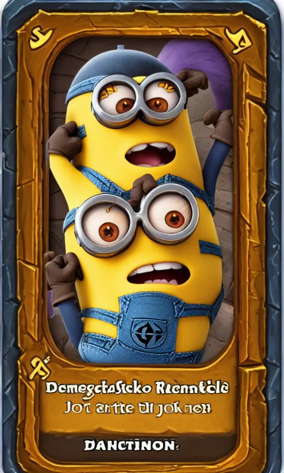 Prompt: hearthstone card with a usual border with atack and health depicting minions from despicable me.