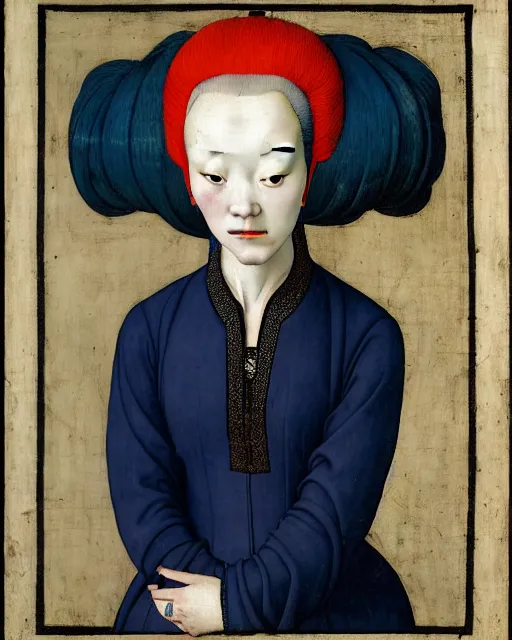 Image similar to portrait of a woman with blue hair buns, wearing a black suit, walking in a street full of plants, flowers and people, intricate details, high detail, in the style of rogier van der weyden and jacopo da pontormo, punk, asian art, masterpiece