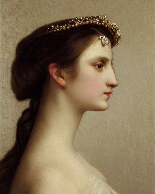 Prompt: a side portrait of a beautiful german princess, 1 8 5 3 by franz xaver winterhater, romanticism, neoclassical, side profile, realistic face, elegant face, vivid, smooth, oil on canvas, sharp focus, 1 8 5 0 s, highly detailed