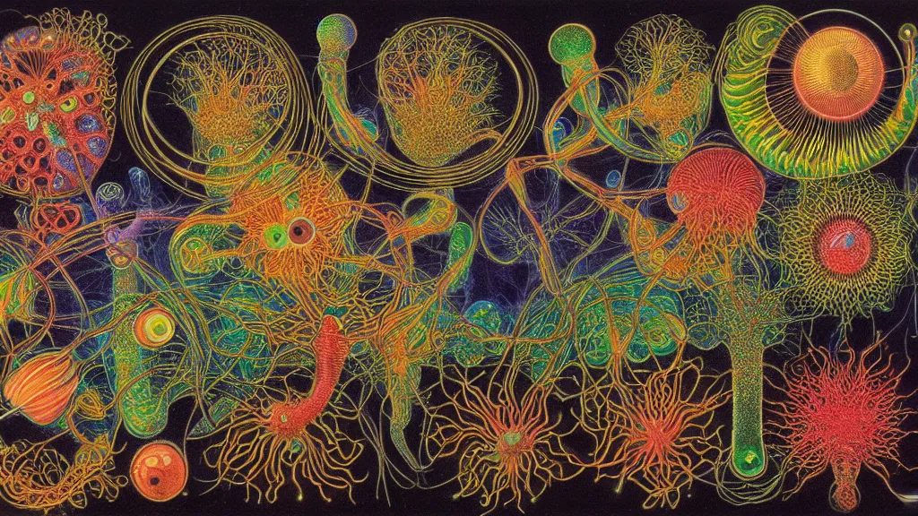 Prompt: quantum connections represented as symbiotic organisms like cells playing around with colorful lights by ernst haeckel, magnetic, chewy