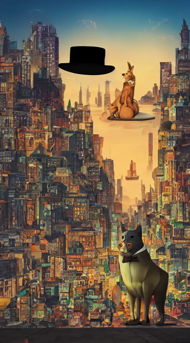 Image similar to giant doge looming over retro city, composition, artwork, money, fat robot, top hat, dusk, night, tall hat, sky, buildings, realistic