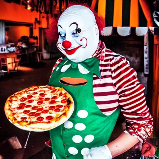 Prompt: clown dressed up as a pizza, clowcore, michelin star food, clowncore funhouse, photo by annie leibowitz