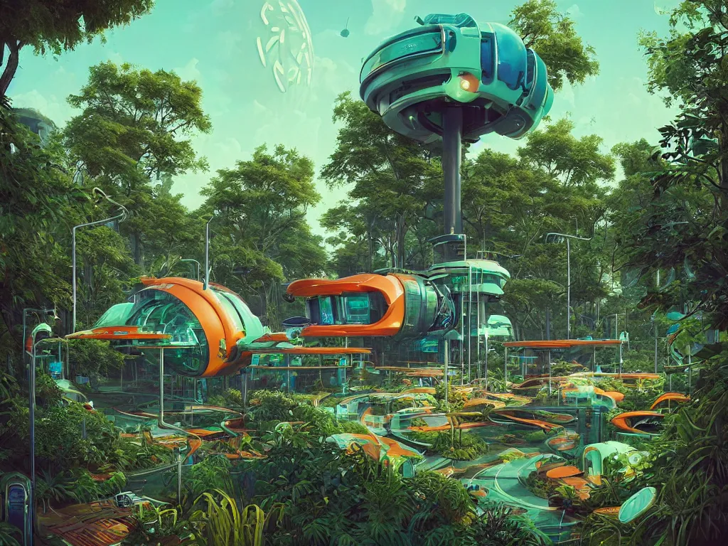 Prompt: 80s futuristic outdoor retro arcade, desolate, lush vegetation:: Simon Stålenhag and beeple and James Gilleard and Justin Gerard :: ornate, dynamic, particulate, intricate, elegant, highly detailed, centered, artstation, smooth, sharp focus, octane render, 3d