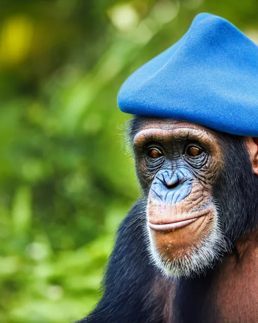 Image similar to gold, blue, photo of a chimpanzee solving a puzzle, blue hat, big cigarre in mouth, 8 k, 8 5 mm f 1. 8