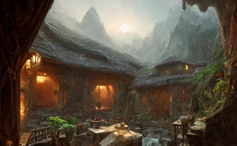 Image similar to painting of a series of opposing living quarters overlooking communal area carved inside a mountain, lush garden with hot spring between, cozy bed, well maintained, clean, medieval, fantasy genre, natural light, fantasy, natural light, concept art, by greg rutkowski and craig mullins, cozy atmospheric and cinematic lighting, trending on artstation