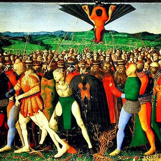 Image similar to 15th century florentine rave party painted by paolo uccello, oil painting on canvas