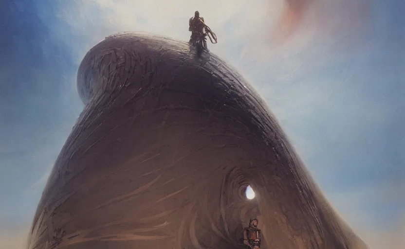 Prompt: vintage movie poster of dune, sand worm, by ruan jia