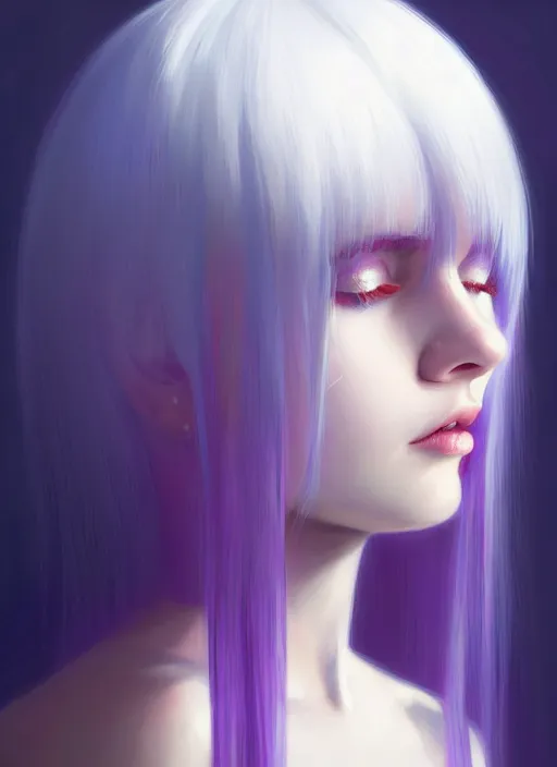 Image similar to hair whitebangs hair, black hair, whitebangs, portrait of teenage girl with white bangs, red irises, purple clothes, white bangs, bangs are different color from hair, intricate, elegant, glowing lights, highly detailed, digital painting, artstation, concept art, smooth, sharp focus, illustration, art by wlop, mars ravelo and greg rutkowski