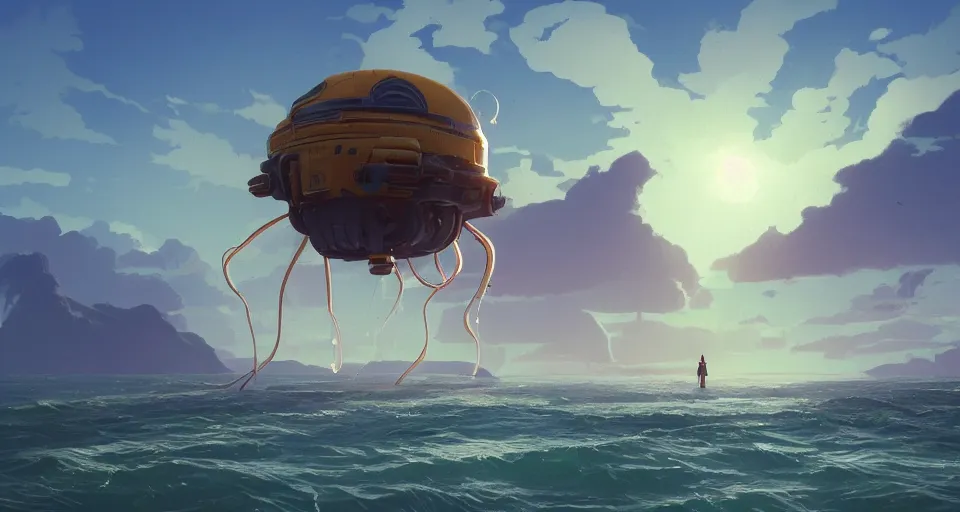 Image similar to A very beautiful serene coastal landscape scene with a GIANT MECHA JELLYFISH looming in the distance, bright sunny waves splashing on the beach, Translucent rendered by simon stålenhag, rendered by Beeple, Makoto Shinkai, syd meade, environment concept, digital art, starwars, unreal engine, 3 point perspective, WLOP, trending on artstation, low level, 4K UHD image, octane render,