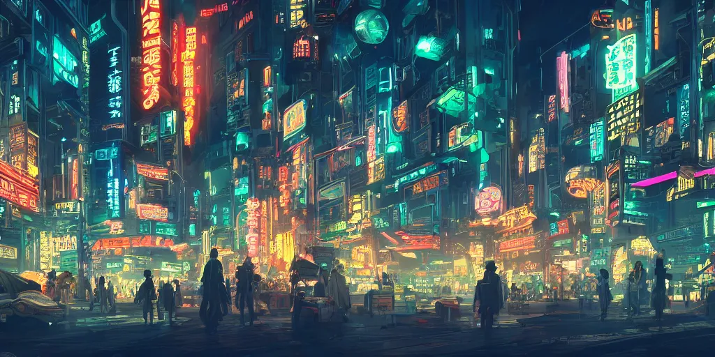 Prompt: a beautiful scene of a sprawling cyberpunk city at midnight, neon signs, concept art, studio ghibli, style of makoto shinkai and alphonse mucha, 4 k wallpaper