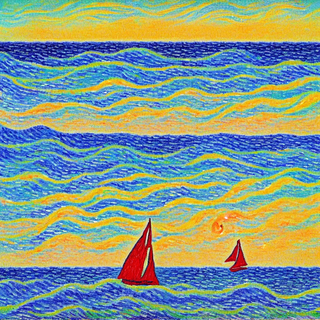 Image similar to beautiful Rolling waves, with a distant, red sailed yacht in the style of Monet and Signac and painted in a style of painting similar to Van Gogh but more impasto and less hatching