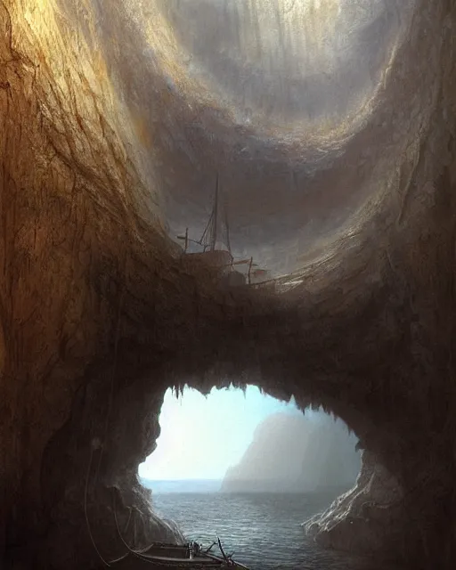 Image similar to painting of a man in a boat in a cave, a detailed matte painting by john howe, cgsociety, fantasy art, matte painting, lovecraftian horror, fantasy